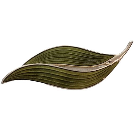 Aksel Holmsen Jewelry - Aksel Holmsen Norway Sterling 925S Green Enamel Leaf Duo Pin, Signed L47